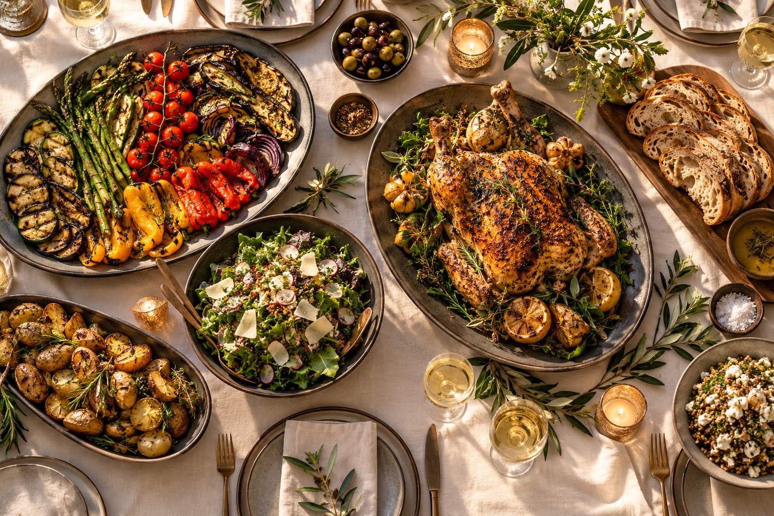 Illustrative AI photograph of a shared table with roasted chicken, vegetables and bread; not County Manners food